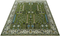Tapis sur mesure noué à la main en laine/soie, design Oushak, vert olive, de luxe, à poils coupés et courts, motif floral, style persan et turc |   1 pièce |   PET