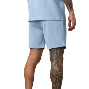 Shorts de sport texturés bleu clair pour hommes 100 % coton écologique taille haute élastique avec cordon de serrage respirant séchage rapide pour la course - Product Image 2