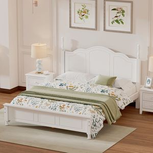 Letto matrimoniale in legno stile retrò con finitura bianca e supporto a doghe in legno - Product Image 2