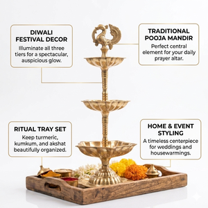Lampe à huile en laiton à 3 niveaux avec finition paon, ensemble de thali en bois pour la puja, diya traditionnel pour la décoration de la maison à Diwali, cadeau de festival, vente en gros - Product Image 2