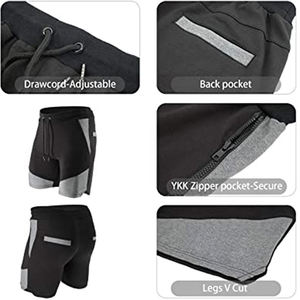 Shorts de sport pour homme, noir et gris, avec poches zippées, taille à cordon de serrage, tissu tricoté à séchage rapide - Product Image 3