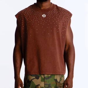 Camiseta sin mangas con pedrería para hombre, estilo oversize, streetwear, de algodón, a la moda, fabricante de camisetas sin mangas de marca privada, EE. UU. - Product Image 2