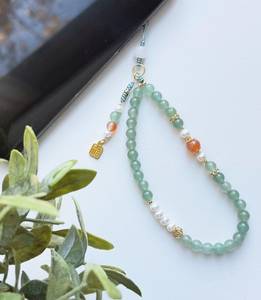 Eco-Friendly Green Jade Bead Phone Strap Pearl Orange Stone Charm Alloy <b>Keychain</b> Handmade Classic Modern Design Lightweight - Product Image 1