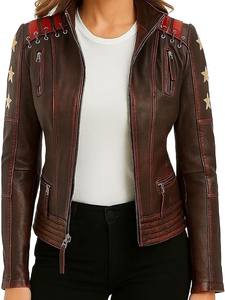 Blouson en cuir marron et noir vieilli pour femme avec étoiles, style vintage moto, à lacets, veste de motard zippée, haut tendance pour femme - Product Image 2