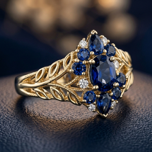 14K Yellow <b>Gold</b> Vintage Sapphire <b>Ring</b> Oval Pear Blue Gemstone Claw <b>Set</b> Leaf Band Anniversary Jewelry - Product Image 3