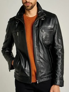 Chaqueta de Motero de Cuero Genuino Negro para Hombre - Product Image 1