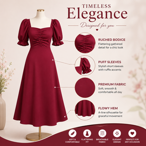 Vestido Maxi Elegante Color Borgoña para Mujer con Cuello Cuadrado y Mangas Abullonadas |   Vestido de fiesta casual con escote fruncido y corte en A para la noche - Product Image 5