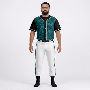 Ensemble uniforme de baseball pour homme, vert uni, maillot à manches courtes, col en V, fermeture boutonnée, respirant, antibactérien, 100% coton - Product Image 1