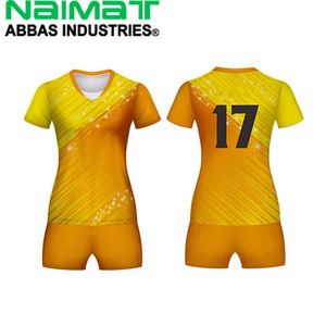 Sublimated Women Volleyball Kit Supplier Yellow Patterned <b>Short</b> Sleeve Top And <b>Tight</b> <b>Shorts</b> Bulk Production - Product Image 1