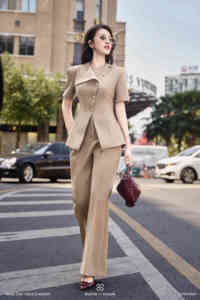 Women's Beige 2 Piece Suit <b>Set</b> Short Sleeve <b>Blazer</b> Flare Pants Elegant Office Wear Solid Color Crew Neck Button PANSY - Product Image 5