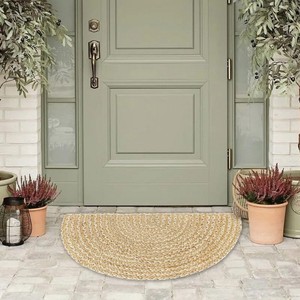 Tapis de porte demi-cercle en jute tressé, couleur unie, style ferme, avec envers antidérapant en caoutchouc, à poils plats et fins - Product Image 2