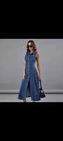 Robe longue d'été élégante et décontractée en jean bleu sans manches style Y2K pour femme, avec col rabattu et boutons sur le devant