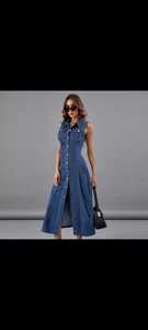 Robe en jean bleue sans manches, col rabattu, boutonnée devant, robe maxi décontractée élégante pour femmes - Product Image 3
