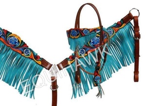 Pechera de cuero occidental personalizada y arnés de cuero a juego con flecos. Cabezada y pechera de cuero occidental premium. - Product Image 4