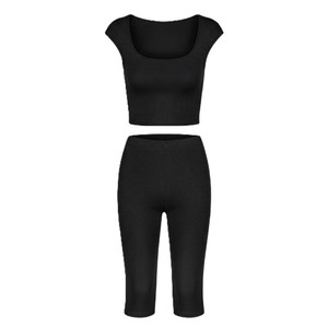 Ensemble deux pièces côtelé pour femme : Crop top à col carré et pantalon trois-quarts taille haute – Tenue décontractée et respirante pour l'été - Product Image 6