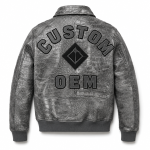 แจ็คเก็ตบอมเบอร์หนังแกะลายจระเข้แบบดิสเทรสสั่งทำได้ MOQ ต่ำจาก Furat Leathers สำหรับผู้ชาย พร้อมปักลาย OEM สำหรับฤดูหนาว - Product Image 2
