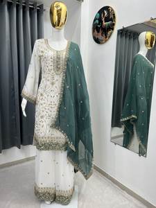 Conjunto de Salwar Kameez de Tela Georgette con Bordado Moderno y Elaborado para el Festival Eid, con Top, Pantalón Plazzo y Dupatta para Fiesta - Product Image 3