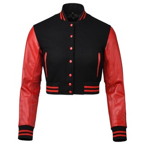 Unisex <b>Black</b> Hip Hop <b>Varsity</b> <b>Jacket</b> with <b>Red</b> Leather Sleeves Windproof Winter Wear Short Length Regular Fit - Product Image 1