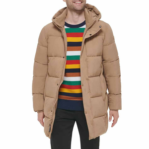 Veste matelassée longue camouflage à capuche pour homme, kaki, épaisse, d'hiver, col montant, fermeture éclair, boutons sur le devant, logo - Product Image 2