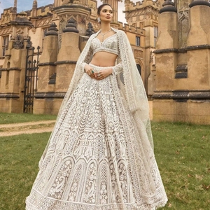 Designer Traditional White Georgette <b>Lehenga</b> Choli Sequin Embroidered Dupatta <b>Women</b> Summer Winter Wedding Party Diwali Quick Dry - Product Image 5