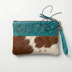 SEHRAINN Western Tooled Leather Cowhide <b>Wristlet</b> Clutch Turquoise Floral Zipper Pouch with Wrist Strap Bohemian Style - Product Image 1