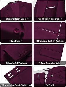 Traje de 3 piezas para hombre, mezcla de lana morada, blazer, chaleco y pantalón, formal, para negocios o bodas, antiarrugas, corte ajustado, botonadura sencilla - Product Image 6
