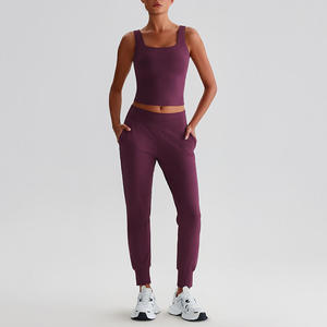 Ensemble de yoga pour femmes, 2 pièces, couleur unie, haut court, pantalon de jogging taille haute, sans couture, respirant, spandex, polyester, longueur cheville - Product Image 3