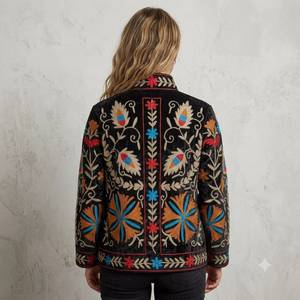 Chaqueta de terciopelo bordada para mujer, cuello mandarín, estampado floral, manga larga, estilo otoñal, ropa exterior Prairie Chic - Product Image 3
