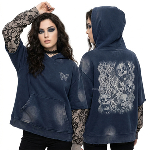 Sweat-shirt personnalisé pour femme, couleur mauve délavée, avec motif graphique chien et chat zombie, manches imprimées florales, style vintage délavé à l'acide, vente en gros - Product Image 6