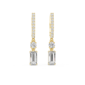 Boucles d'oreilles de fiançailles en or jaune 14 carats avec diamants de laboratoire ronds et baguettes pour femmes |   Nouveau diamant cultivé - Product Image 1