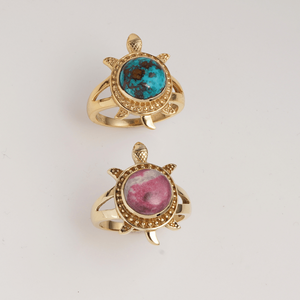Natural <b>Turquoise</b> Brass Turtle <b>Ring</b> Pink Stone Bezel Set Bohemian Cocktail <b>Ring</b> Unisex Daily Wear Shopping Everyday <b>Ring</b> - Product Image 2
