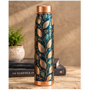 Handcrafted Copper Water <b>Bottle</b> Black Pink Lotus Design Portable Travel <b>Thermos</b> Metal Drinkware - Product Image 5