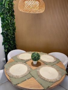 Elegante Juego de Manteles Individuales de Paja Tejidos a Mano con Borde Verde Salvia, Decoración de Mesa para Fiestas Tropicales en la Playa, Ideal para Regalo - Product Image 5