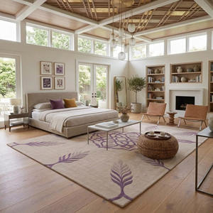 Alfombra Moderna de Lana de Nueva Zelanda Hecha a Mano, Mandala Geométrica Tallada a Mano en Morado y Beige con Ramas de Plumas, Tamaño Grande - Product Image 2