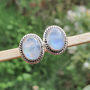 Hot Selling Women's Sterling <b>Silver</b> <b>Stud</b> Earrings Blue Oval Rainbow Moonstone Healing Crystal Popular Bulk Jewelry Item - Product Image 1