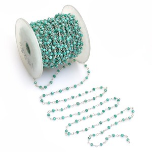 Chaîne de chapelet en larimar hydrofugé, perles rondelles facettées de 3 mm, fil plaqué argent, chaîne en vrac pour la fabrication de bijoux - Product Image 1