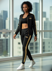 Ensemble de survêtement pour homme noir et or avec logo personnalisé, coupe ajustée, design de créateur, tenue de sport 2 pièces, vente en gros - Product Image 5