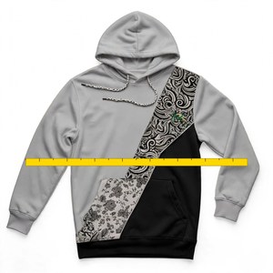 <b>Men</b> <b>Grey</b> Black Split Color Hoodie Diagonal Floral Baroque Paisley Print Cotton Fleece Casual Winter Streetwear Pullover Tops - Product Image 6