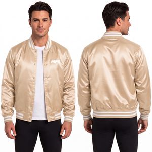 Veste en satin or champagne avec fermeture à boutons-pression, offrant une brillance soyeuse, col et poignets rayés blancs, et possibilité de commande en gros personnalisée (OEM). - Product Image 1