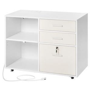 Armadietto Mobile in Legno con 3 Cassetti e Ripiani Regolabili, Archivio con Ruote e Striscia LED, Chiudibile a Chiave - Product Image 1