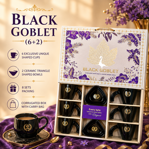 Ensemble de tasses à thé en céramique noire personnalisée Serenity 6+3 400 ml, boîte cadeau, design floral de luxe, bols assortis, emballage ondulé, sac de transport - Product Image 4