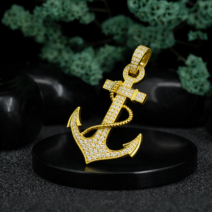 Luxury Anchor Pendant Necklace <b>Box</b> <b>Chain</b> 22k Gold Plated Rhinestone Iced Out Hip Hop Unisex Jewelry Party Everyday Wear - Product Image 3