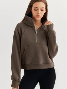 Sudadera con capucha y media cremallera de alta calidad, forro polar, logotipo personalizado OEM bordado, impermeable, transpirable, para mujer, color personalizado, algodón - Product Image 5