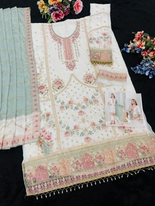 Dhwaja Export <b>White</b> Fox Georgette Semi Stitched <b>Suit</b> With Embroidery Sequence Work - Product Image 5