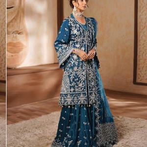 Conjunto de Salwar Kameez de Seda Azul Bordado para Mujer, con Dupatta, Vestido Tradicional Indio Pakistaní para Boda, Largo Regular, Sin Arrugas - Product Image 3