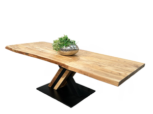 Table de salle à manger en bois d'acacia massif de 55 mm d'épaisseur avec bord naturel, style industriel moderne, base à piétement unique, pour cuisine et restaurant - Product Image 3
