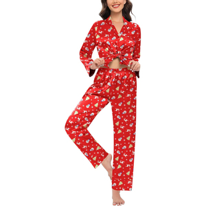 Women's Red Satin Christmas Pajama Set Long Sleeve Full Length Printed Reindeer Snowman Pattern Soft Cozy Winter Sleepwear - Product Image 2