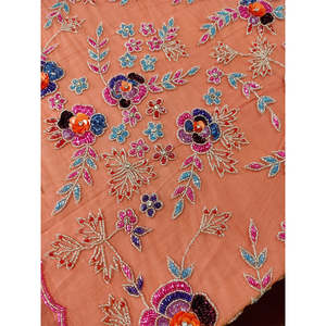 Tissu en tulle de luxe pêche, lourdement perlé, broderie florale 3D faite à la main, dentelle pour robe de bal haute couture, matière pour robe de mariée - Product Image 3