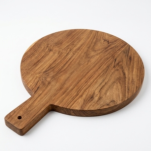 Tabla de cortar circular de teca con mango, pala de pizza de madera, bandeja decorativa artesanal para charcutería, bandeja de cocina. - Product Image 1
