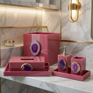 Premium Modern Pink Glass Bathroom <b>Set</b> 6 Pieces | <b>Soap</b> Dispenser, Toothbrush Holder, Tumbler & Tray | Luxury Rectangle Bathroom - Product Image 2